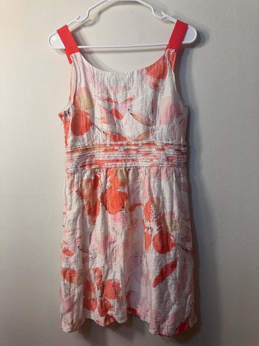 LOFT Pink and Orange Floral Watercolor Linen Blend Sleeveless Dress Size 10 - Picture 3 of 6